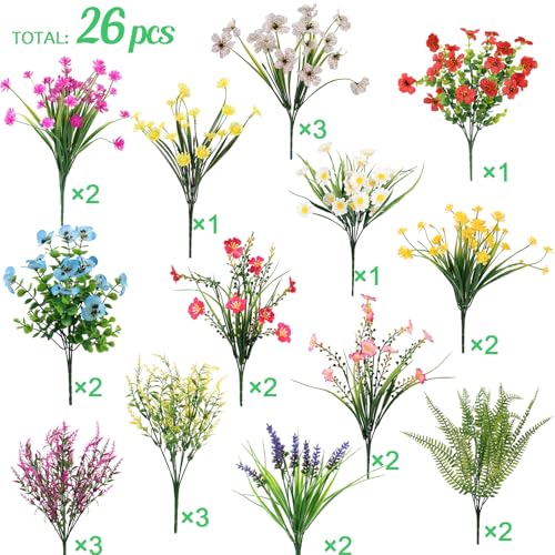 26 Bundles 13 Style Artificial Flowers for Outdoors Multicolor Fake Flowers Plastic Plants Faux Lavender Pansies UV Resistant for Spring Summer Garden Patio Hanging Planter Window Box Vase Decor - color: Faux Flowers for Outdoors
