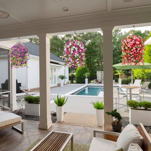 Homsunny Artificial Faux Hanging Flowers Plants Baskets for Outdoor Spring Summer Decorations,Resistant Fake Morning Glory Silk Plants for Outside UV Resistant Patio Yard Home Porch Decor(Mix Purple) - color: Mix Purple