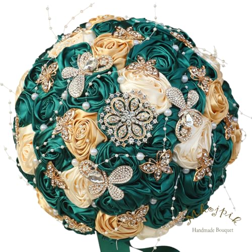 Handmade Wedding Flowers Bouquet Round Holding Bridal Bouquet Artificial Satin Roses Bunch for Bride Bridesmaid Wedding Quinceanera - color: Dark Green, Cream & Light Gold, size: Small (Dia. 7.5"/19cm)
