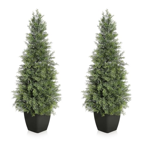 GarveeHome Artificial Cedar Topiary Tree for Christmas Outdoor, 36 in Tall Faux Cedar Trees, Potted Fake Cypress Plant, Artificial Plants Indoor Outdoor for Front Porch Decor, Set of 2 - size: 3ft