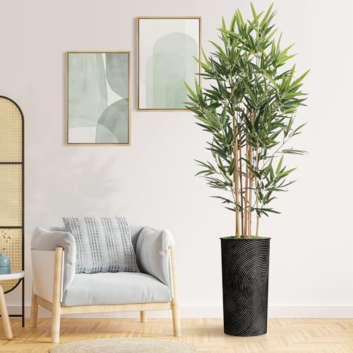 Artificial Tree in Geometric Spiral Pattern Planter, Fake Bamboo Silk Tree for Indoor and Outdoor Home Decoration - 70" Overall Tall (Plant Pot Plus Tree) - style: Bamboo