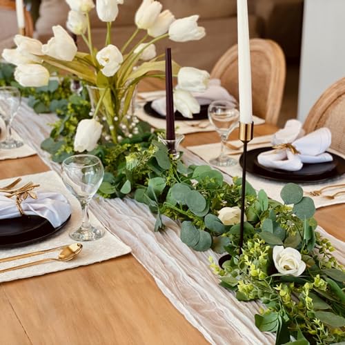 CQURE 3Pcs Eucalyptus Garland,Artificial Eucalyptus Leaves Table Greenery Garland Wreath Vines for Wedding Party Table Fireplace Bedroom Wall Room Decor - size: 17.7 Ft without Flowers