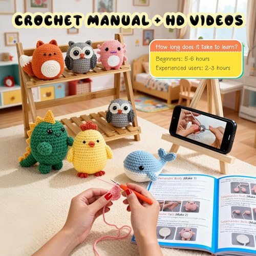 Joyclub Crochet Kit for Beginners 6 PCS Amigurumi Animal Family Crochet Starter Kit with Step-by-Step Video Tutorials 40% Extra Yarn DIY Craft Gifts for Adults Knitting Lovers Mother Teacher Graduates - color: Colorful Animal