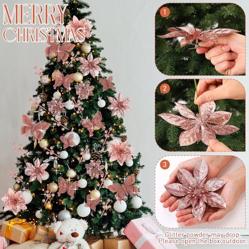 Thiccywoov 122 Pcs Christmas Glitter Poinsettia Artificial Flowers Berry Picks Butterfly Christmas Tree Ornaments 3 Styles Poinsettia kit with Clip for Xmas Wreath Home Tree Decor(Rose Gold) - color: Rose Gold