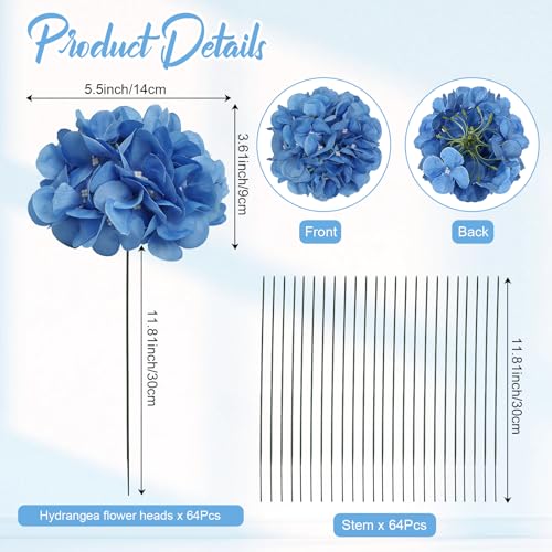 Blue Hydrangea Artificial Flowers Bulk with Stems 64 Pcs | Faux Silk Hydrangeas Flower Heads with Stems for Wedding Arch Table Centerpieces Home Garden Baby Shower Party Decoration - color: Blue