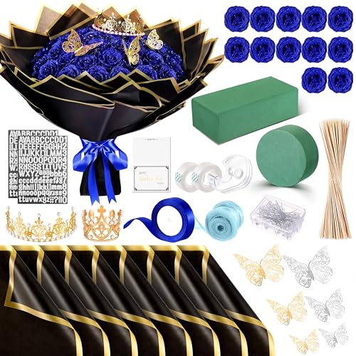 Maysing Money Bouquet Kit 12 Pcs Glitter Roses 20 Sheet Flower Wrapping Paper DIY Flower Bouquet Floral Foam Blocks Sticker for Anniversary Birthday Mother's Day Graduation(Blue) - color: Blue
