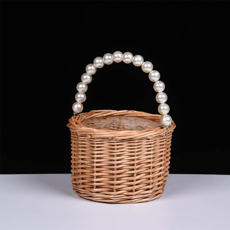 Wicker Rattan Flower Girl Basket,Pearl Handle Flower Basket,Flower Girl Basket for Wedding and Home Decorations.