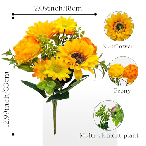 Artificial Flowers for Decoration, 3Pcs Fake Sunflower with Peonies Artificial Flowers Bouquet Silk Flowers for Home Wedding Party Table Centerpieces Vase Decor Indoor Floral Displays (Yellow) - color: Yellow