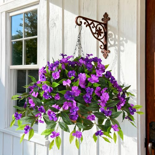Hommyea Artificial Fake Hanging Flowers Plants Basket for Outdoors Outside Decoration UV Resistant Faux Silk Flowers Look Real Plastic Flowers for Spring Planters Home Porch Patio Garden Decor(purple) - color: 3psc Double Purple
