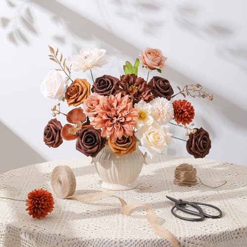 Floweroyal Artificial Flowers Fake Rose Flowers Dahlia with Stems for DIY Wedding Bridal Bouquets, Baby Shower, Floral Arrangement, Table Centerpieces, Home Decorations - color: Dark Brown