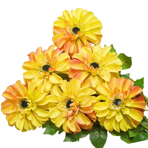 Artificial Chrysanthemums, Daisy Silk Flowers 6 Stems, Aster & Zinnia-Like Large Blooms in Gradient Colors, 24.8" Long Faux Marguerite for Indoor Outdoor Home Decor (Yellow/Orange Trace) - color: Yellow/Orange Trace