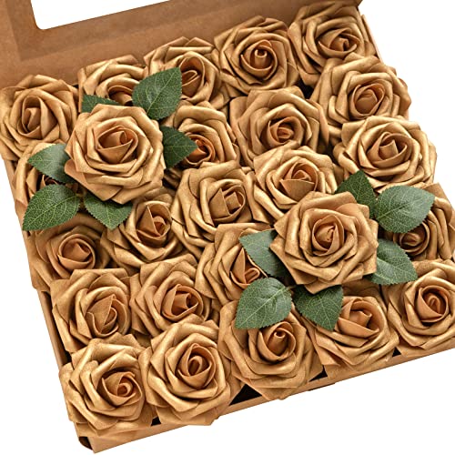 Ling's moment Fall Artificial Flowers 25Pcs Shimmer Gold Roses w/Stems,3" Real Touch DIY Foam Floral for Wedding Bouquet/Centerpieces, Outdoors Party Backdrop, Room/Table, and Garden/Pot Decorations - color: Gld- Gold, size: 25Pcs