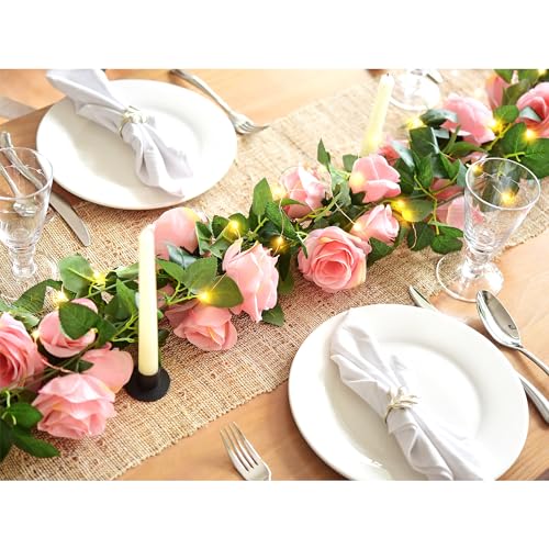 FiveSeasonStuff 29 Ft 4 Pack Amaranth Light Pink Rose Silk Flower Garland Artificial Flowers Decoration Hanging Floral with 66 feet String Lights - color: Amaranth Pink With String Lights