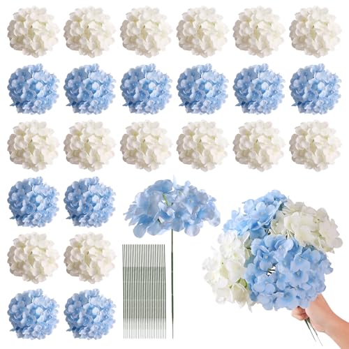 Tifuly 24 Pcs Blue and White Hydrangea Artificial Flowers Bulk, Faux Hydrangea Full Flowers Heads with Stems, Fake Silk Flowers for Wedding, Garden, Home, Party Decoration - color: Blue White