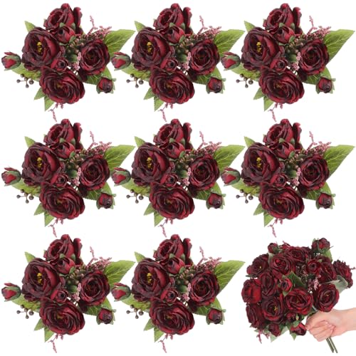 8 Bundles Artificial Peonies Flowers Boho Faux Flowers Arrangements Artificial Centerpiece Spring Bouquet Floral Wedding Decoration for Vase(Burgundy) - color: Burgundy