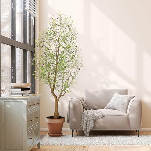 Faux Olive Tree 6FT, Olive Trees Artificial Indoor, Fake Tree with Realistic Leaves & Fruits for Home Office Living Room Decor - size: 6ft