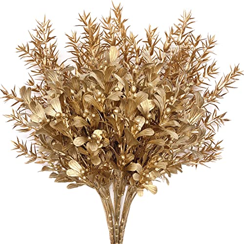 Gold Decorations Artificial Plants, CATTREE Golden Berry Leaves Fake Simulation Spiky Leaf Grass Plastic Faux Shrubs Bushes Ornaments Home Indoor Outdoor Wedding Decor Hall Table Planter Filler 4 Pack - color: Gold Berry Leaves-2 Pcs & Spiky Grass-2 Pcs