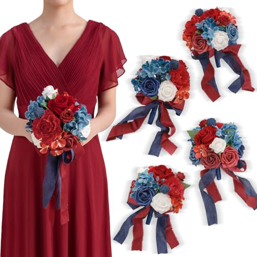 TINGE TIME Bridesmaid Bouquets for Wedding Set of 4 Red&Navy Blue 7 Inch Wedding Bouquets Artificial Silk Flowers Bridal Bouquets for Bridesmaids, Wedding Decor, Anniversary, Party - color: Red&navyblue