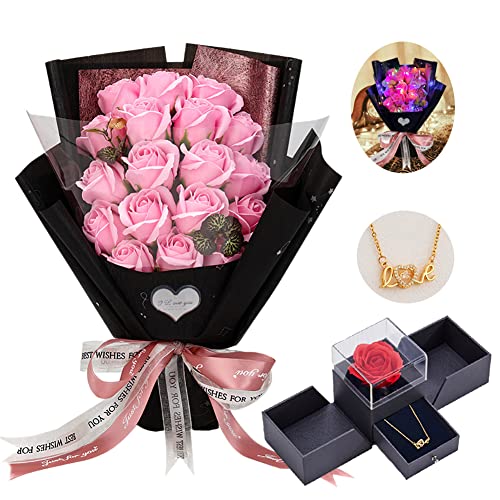 EIGHTOWN Roses Bouquet Artificial Flower - Preserved Pink Rose Flowers with Love Necklace for Her - Unique Gifts Valentine's Day, Mother's Day, Thanksgiving, Birthday, Anniversary - color: Cute Pink
