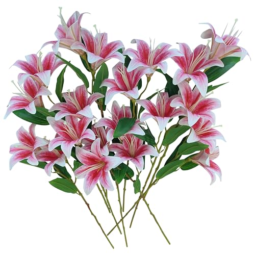 Artificial Lilies Flowers,10Pcs Faux Lily Flower,20''Tiger Lily Branch with 2 Full Blooms, Faux Fake Lilies Plants for Wedding Bouquet Home Party Indoor Floral Arrangements (10, hot Pink) - color: Hot Pink