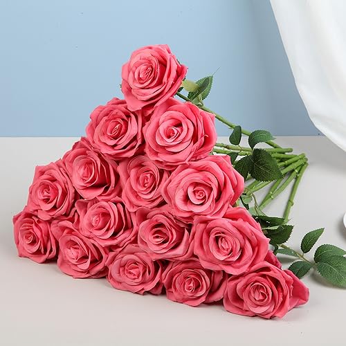 15pcs Fake Roses Artificial Silk Flowers Faux Rose Flower Long Stems Bouquet for Arrangement Wedding Centerpiece Party Home Kitchen Decor - color: 15pcs Barbie Pink