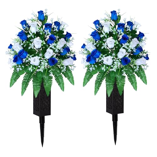LVXINLI Artificial Cemetery Flowers, Gravesite Decoration Roses, Memorial Bouquets with Cemetery Vase, Vibrant and Long-Lasting Colors (Dark Blue+White, 2 Bundles) - color: Dark Blue+white