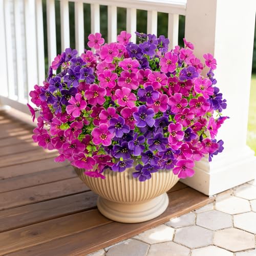 20 Bundles Artificial Flowers for Outdoors, Fake Violet Flowers Silk Realistic UV Resistant Faux Artificial Plants Outdoors for Window Box Garden Patio Front Porch Home Indoor Outside Decorations - color: Purple Fuchsia