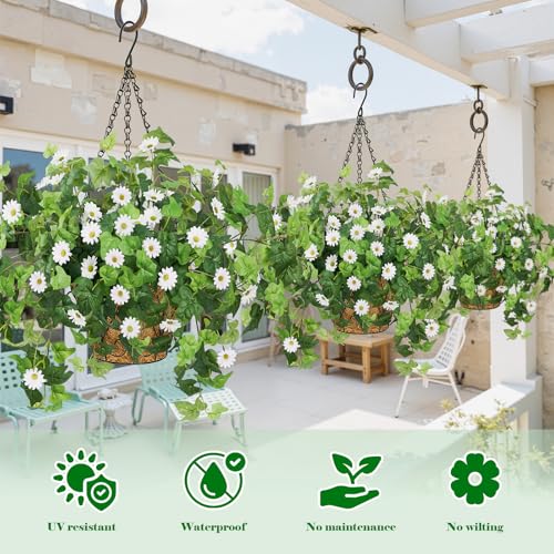 Krissing 2 Pack Artificial Hanging Flowers with Baskets for Outdoors UV Resistant Fake Ivy Plants Greenery Faux Silk Daisy Flowers for Outdside Garden Porch Balcony Summer Home Decor (White) - color: White, size: 6pcs with 2 baskets