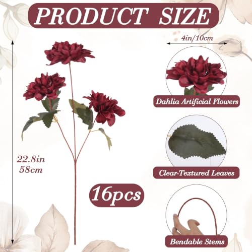 16 PCS Dahlia Artificial Flowers Burgundy Silk Bouquet Faux Chrysanthemum Flowers Arrangement Fake Red Flowers with Stems for Vase Home Centerpieces Tables Kitchen Wedding Decor - color: Burgundy