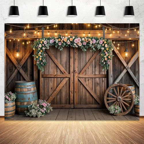 10x10ft Country Wedding Photography Backdrop Rustic Barn Door Photography Backdrop Farmhouse Pink Flower Cabin Wooden Birthday Baby Shower Wedding Bridal Party Banner Photo Booth Props Background - color: Multi1, size: 10X10FT