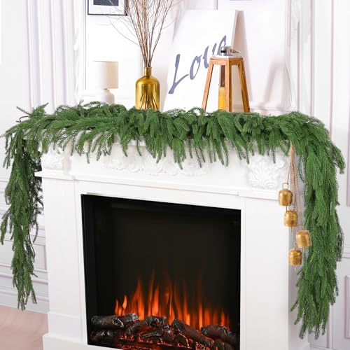 Hananona 2 Pcs 9 Ft Artificial Norfolk Pine Garlands, Real Touch Winter Pine Garland, Green Artificial Greenery Garland for Table, Mantle, Wall, Indoor, Outdoor Christmas Decorations (2, 9 Ft) - size: 9 ft