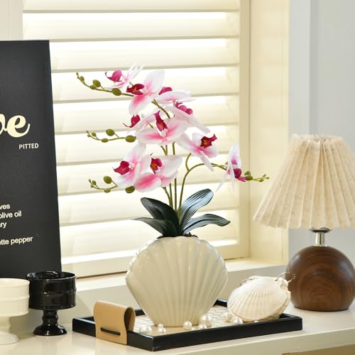 Artificial Phalaenopsis Orchid Plant in Seashell Pot, 16" Fake Orchid Flowers, Silk Faux Orchids for Home Decor, Office, Table Centerpiece, Real Touch Lifelike Indoor House Plant (White and Pink) - color: White and Pink