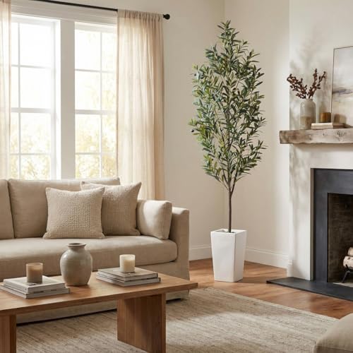 Aveyas 7ft Artificial Olive Tree for Home Decor, 7 Feet Large Faux Plant Fake Skinny Silk Trees with Pot for Indoor Outdoor House Living Room Office (7 ft Tall Including Raised Pot) - color: Olive Tree (7ft)