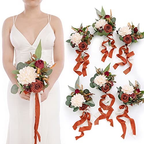 Ling's moment Artificial Bridesmaid Bouquets Set of 6,Terracotta Wedding Flower Bouquets Burnt Orange Floral Bouquet Rust Bridal Bouquets with Ribbon,Ceremony,Anniversary,7-inch Diameter - color: Or-burnt Orange