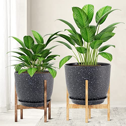 WOUSIWER Plant Pots 10/9/8 inch, Set of 3 Modern Decorative Plastic Planters with Drainage Holes and Saucers for House Plants Indoor Flowers Plants, Black with White Speckles - color: Black With White Speckles