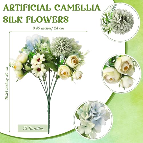 Tigeen Peonies Artificial Flowers Faux Roses Silk Flowers Hydrangea Artificial Bouquet for Wedding Table Centerpiece Floral Vase Home Office Bridal Decor(Green,12 Bundles) - color: Green