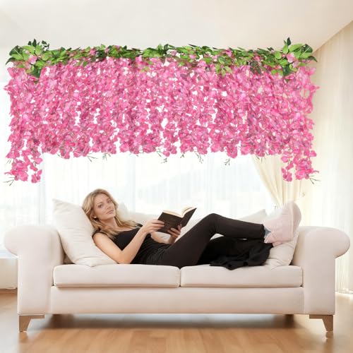 ARTKAIKE Artificial Flowers Garland for Home Decor, Fake Wisteria Vine Silk Hanging Plant Flower for Room Bathroom Wall Kitchen Bedroom Garden Outdoor Wedding Decor (4, Dark Pink) - color: Dark Pink