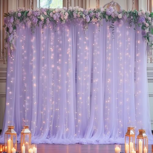 10ft x 8ft Purple Backdrop Curtain with Lights String for Parties, Sheer Tulle Wedding Photo Backdrops Drapes for Baby Shower Birthday Party Decorations Background for Photography - color: Purple, size: W5' x H8'(2 panels)