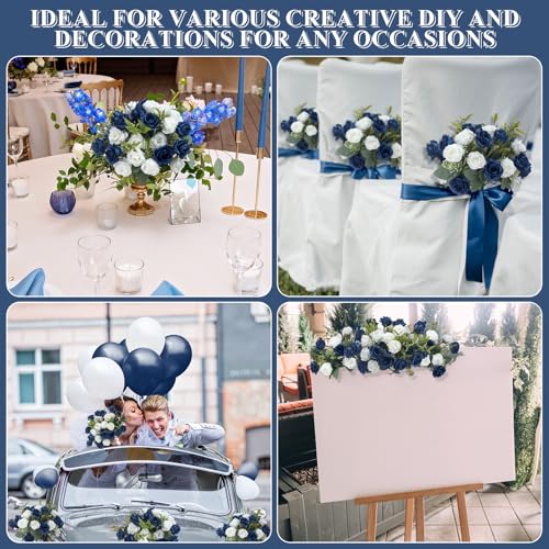 Zeyune 16 Bunches 12 Inch Artificial Mini Rose Bouquet 160 Heads Bridal Flower Bouquets Fake Silk Rose Bulk for Valentine's Day Wedding Bridal Shower Home Office Garden(Dark Blue and White) - color: Dark Blue and White