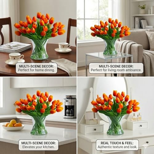 Real Touch Artificial Tulips with Glass Vase and Acrylic Water, 40 Pcs Fake Tulip Flowers Bouquet for Home Office Decor, Silk Flowers Arrangements for Dining Table Wedding Centerpiece (Orange) - color: Orange