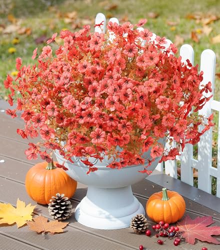 florisso Artificial Fall Flowers Fake Mums for Outdoor Autumn Decoration, 12 Bundles Faux Silk Orange Yellow Mums Daisy Look Real UV Resistant for Outside Home Porch Patio Planter - color: Fall Orange