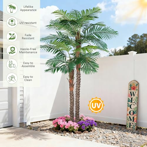 8FT Artificial Palm Tree for Outdoor, UV-Resistant Large Silk Artificial Plants Outdoor Indoor, Realistic Tropical Fake Palm Tree Decor for Poolside Patio Home Living Room - size: 8ft