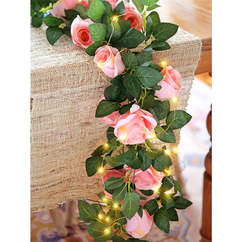 FiveSeasonStuff 29 Ft 4 Pack Amaranth Light Pink Rose Silk Flower Garland Artificial Flowers Decoration Hanging Floral with 66 feet String Lights - color: Amaranth Pink With String Lights
