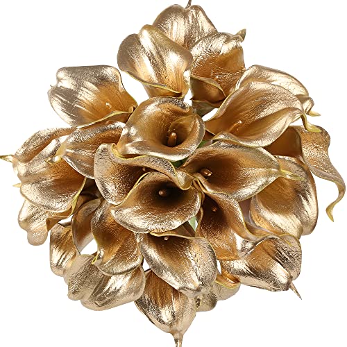 IPOPU Gold Flowers, 24pcs Gold Calla Lilies Artificial Flowers for Decoration for DIY Wedding Bouquets Centerpieces Bridal Shower Party Home Flower Arrangement Decorations (Golden) - color: Golden