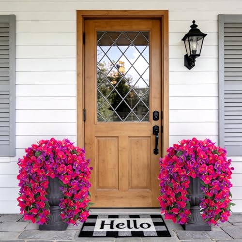 Fake Bougainvillea Artificial Flowers for Outdoors Decoration 2 pcs Faux Hanging Flowers Plants for Outdoor Planters UV Resistant Silk Bougainvillea Vines for Front Door Porch Urn Patio Garden - color: Hot Pink and Light Purple