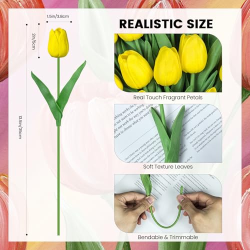 30 PCS Artificial Tulips Real Touch Tulips 13.5inch Long Stem Fake Flowers Silk Flowers for Spring Easter Mother's Day Decorations（Yellow） - color: Yellow