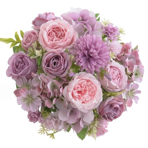 4 Pcs Mixed Artificial Peony Flowers Set-2 Bouquets & 2 Stems, Purple Fake Peony Rose Hydrangea Flower for Vase Silk Floral Arrangement for Table Centerpiece Wedding Party Bridal Decoration Home Decor - color: Purple, size: Mixed 4pcs