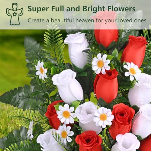 Dolicer 2 Sets Artificial Cemetery Flowers for Grave, Realistic Grave Flowers Memorial Flower UV Resistant Silk Rose Flower with Vase for Cemetery Decorations (Red, White) - color: Red, White, size: Flowers in Vase
