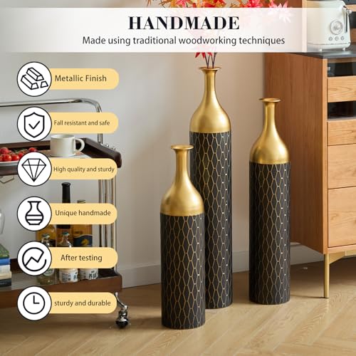 Floor Vases, Tall Home Decor Metal Vase Set of 3 Large Glazed Decorative Vases for Wedding Decor, Elegant Modern Flower Holder for Living Room, Entryway, Hallway - color: Diamond Black Gold