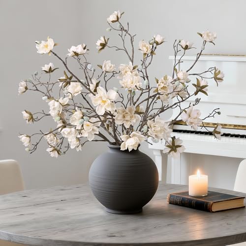 HyeFlora 3PCS Artificial Magnolia Flowers Stems for Spring Decoration, Faux Champagne Magnolia Branches with Buds, 34.5" Long Stems Floral Arrangement for Vase Pot Table Centerpiece Indoor Decor - color: Champagne